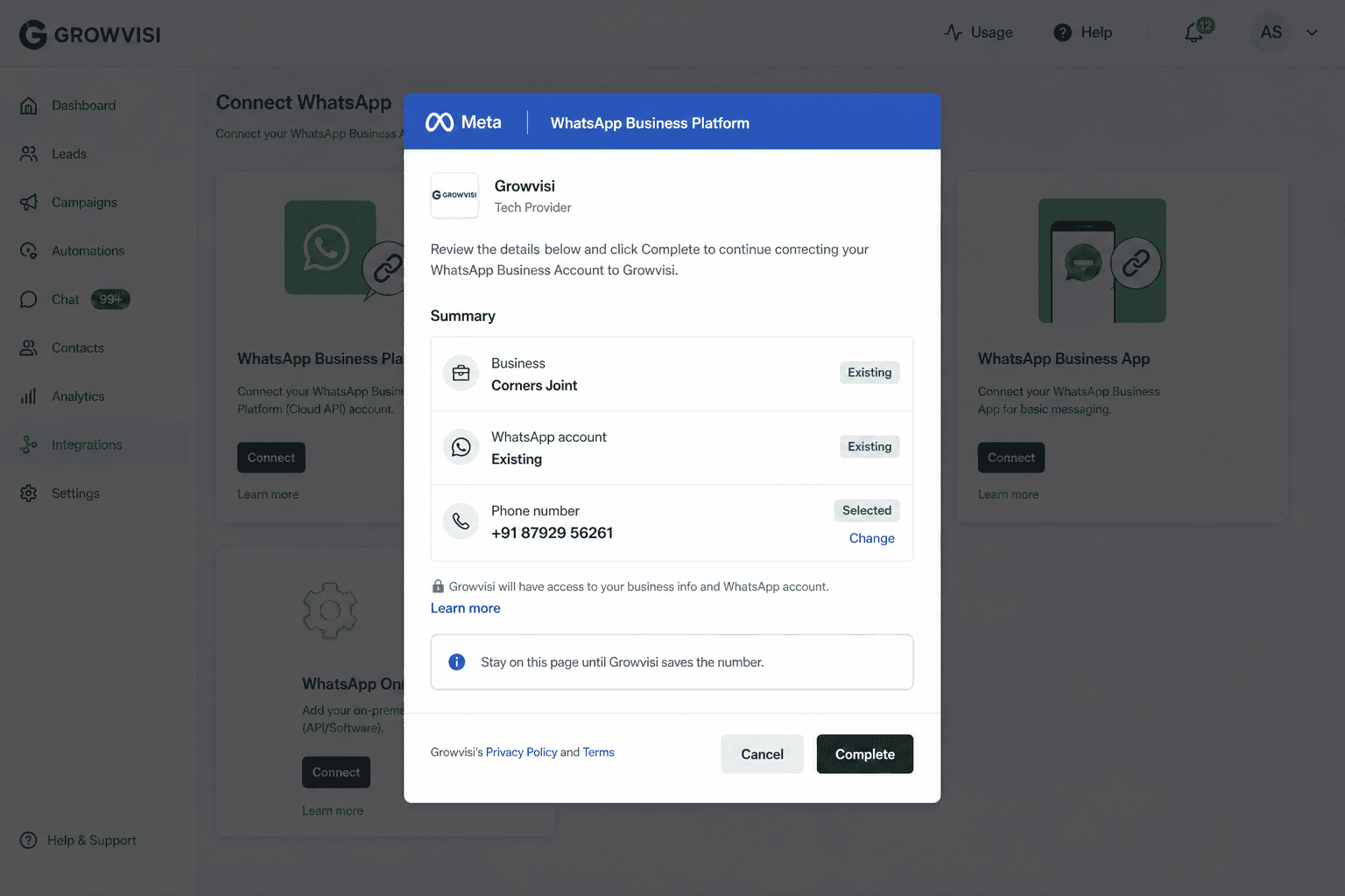 Meta WhatsApp Business Platform popup with the Complete button on the last screen.