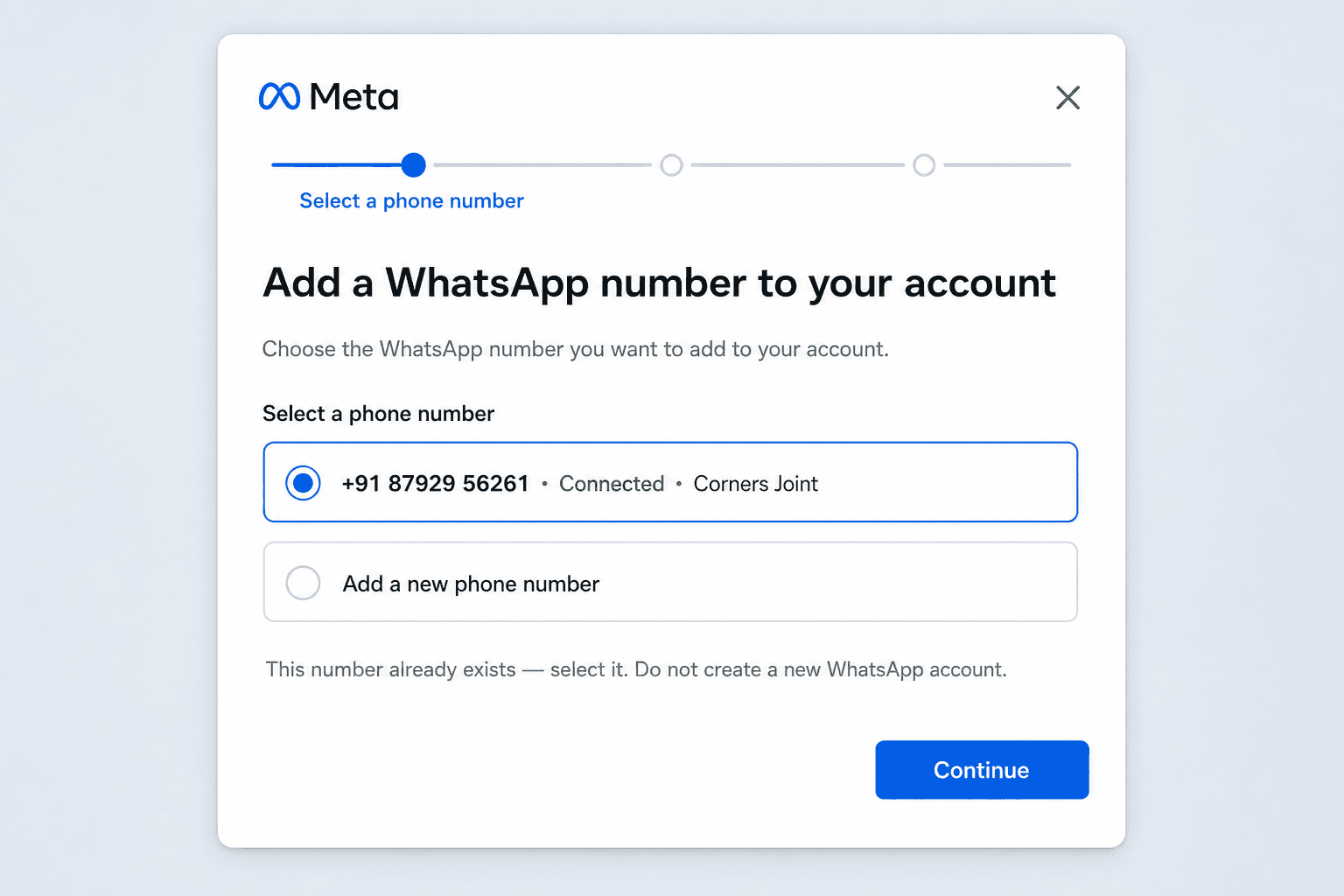 Meta Add a WhatsApp number screen with an existing +91 number selected instead of adding a new line.