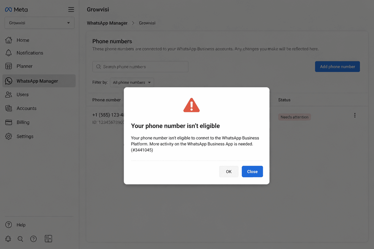 Meta dialog saying the phone number is not eligible until there is more activity on the WhatsApp Business app, error 3441045.