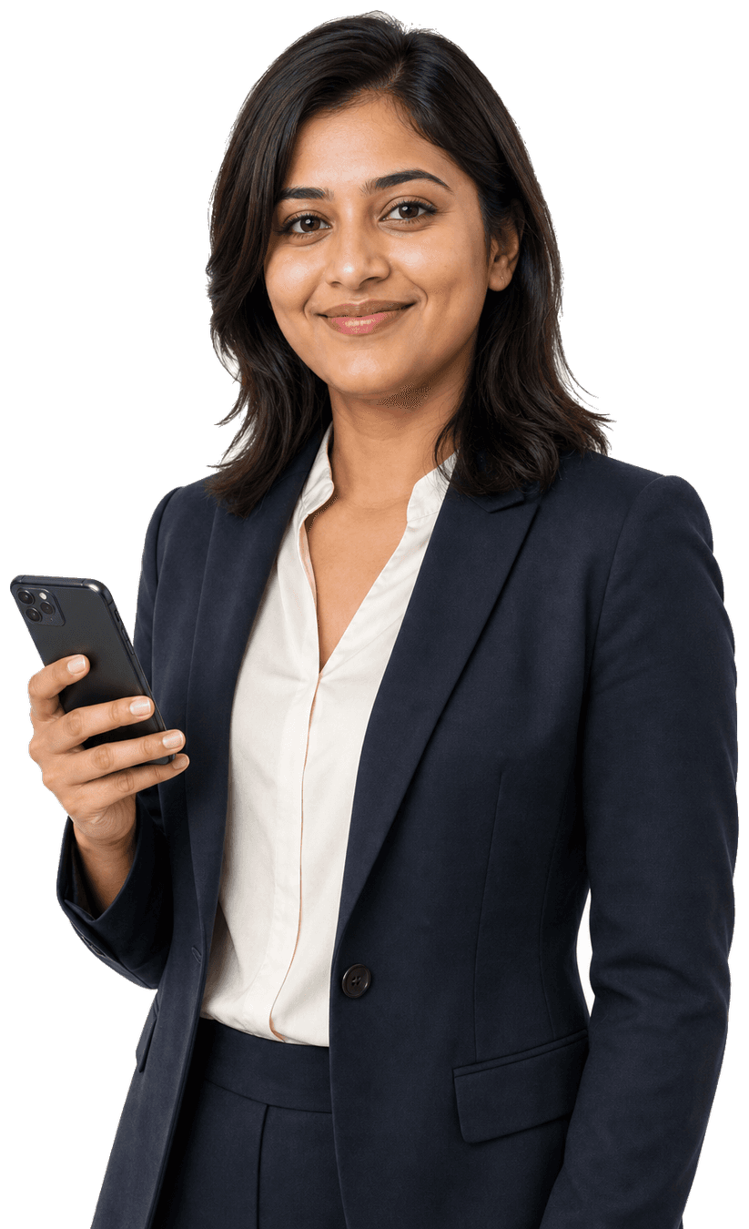 A sales professional reviewing a WhatsApp lead on her phone